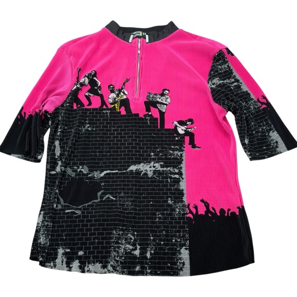 Jamie Sadock Top Women L Pink Black Half Zip Pleated Graphic Rock Band Shirt - Picture 1 of 10